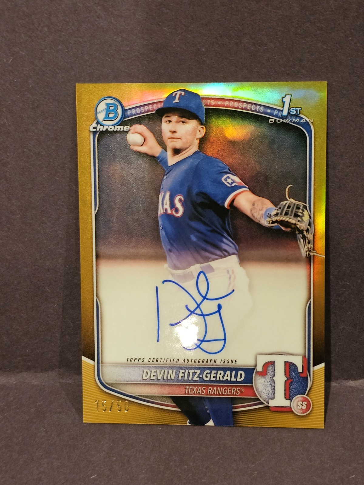 DEVIN FITZ-GERALD 2025 BOWMAN CHROME PROSPECT AUTO GOLD REF/50 #CPA-DF RANGERS