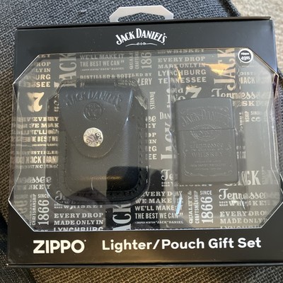 Jack Daniels Zippo Collectible Gift Set Matte Black W/Leather Holder Brand New