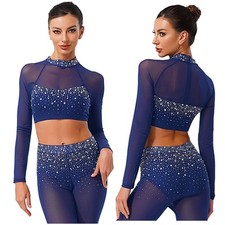 Damen Top Bauch Crop Tops Wettbewerb Tanzkleidung Ballett Glitzer Tanz Strass