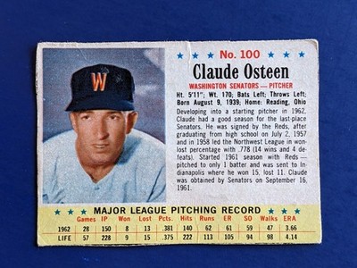 1963 Post - Claude Osteen #100 - Washington Senators   SHORT PRINT