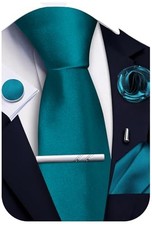 Solid Color Ties for Men Silk Satin Necktie and Pocket Square Cufflinks Teal