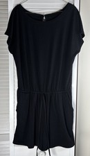 Black Short Sleeve Romper Size L Elastic Drawstring Waist Pockets Knit Jumpsuit