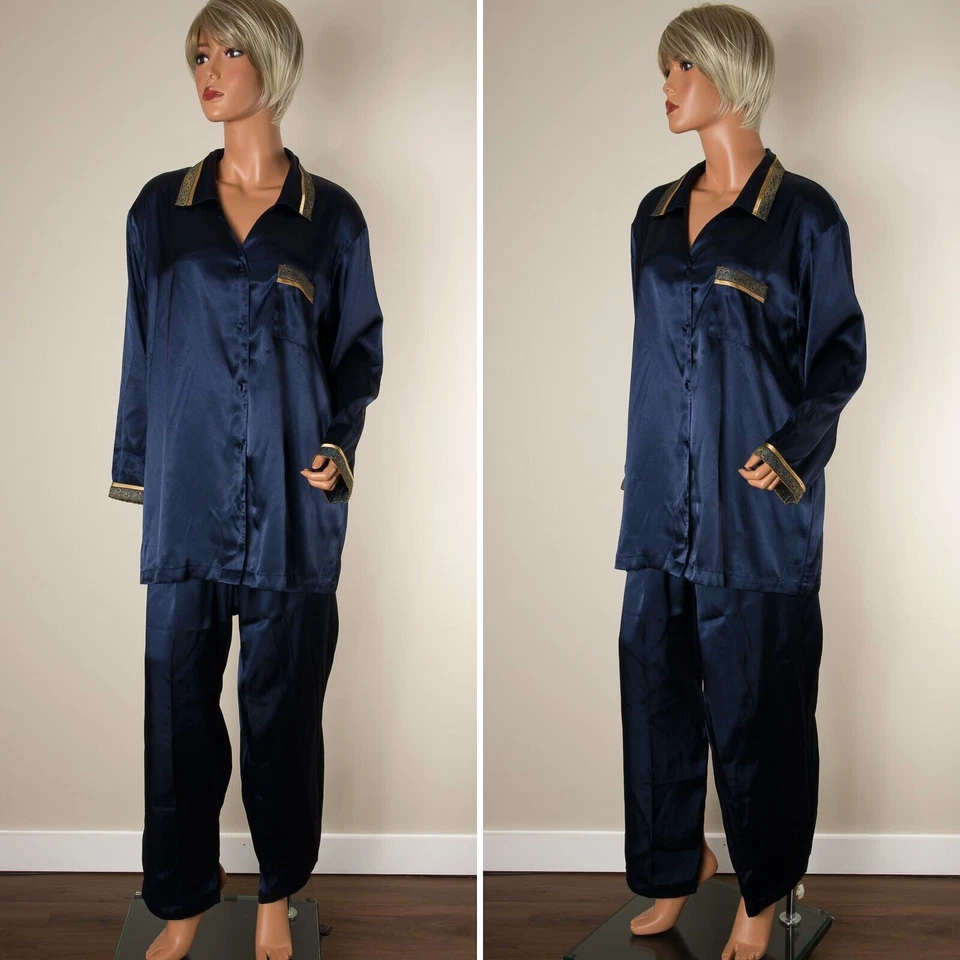 💖 复古 JACLYN SMITH Studio Intimates 睡衣套装 蓝色丝缎金色装饰 XL — 第 2/4 张图片