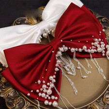 Lady Hair Clip Silky Satin Bow Faux Pearl Beaded Tassels Hairpin Banquet Party