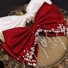 Lady Hair Clip Silky Satin Bow Faux Pearl Beaded Tassels Hairpin Banquet Party