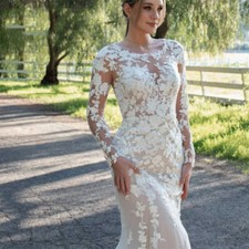 Luxury Mermaid Wedding Dress Appliques Long Sleeves O Neck Illusion Bridal Gown