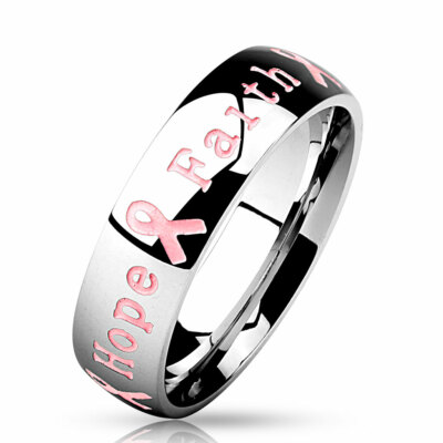 Breast Cancer ''Courage, Strength, Hope, Faith'' Pink Ribbon Stainless Steel Ring