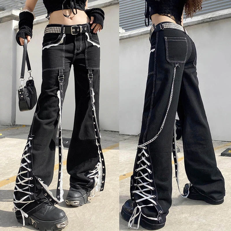 Womens Loose Straight Pants Gothic Punk Girls Lace Jeans Denim Casual Trousers