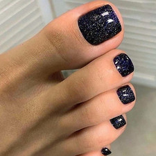24Pcs Black Glitter False Toe Nails - Short Square Acrylic Stick-Ons - Glossy Fi