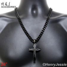 24"MEN Stainless Steel 11mm Black Plated Cuban Curb Necklace Cross Pendant A