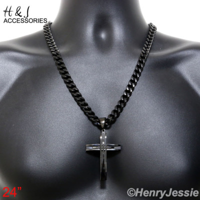 24''MEN Stainless Steel 11mm Black Plated Cuban Curb Necklace Cross Pendant*A