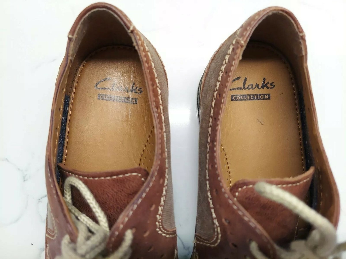Clarks Wingtip Brogues Blue Navy Tan Canvas Leather Mixed Media Oxfords Mens 11 Clarks Wingtip Oxfords for Men | Mercari main image 3