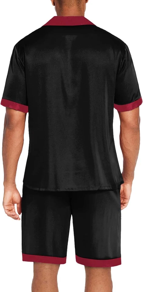 Conjunto de pijama masculino de seda cetim 2 peças shorts com botões e bolsos P-3XL verão - Imagem 3 de 4