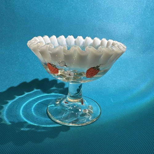 Fenton French Opalescent Ruffled Hand Painted Strawberry Glass Compote Signed