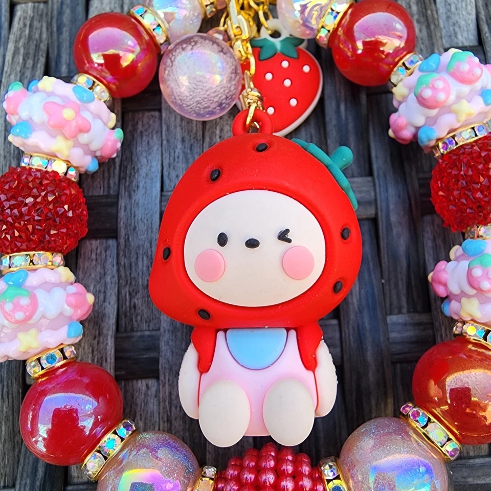 Llavero con cuentas, dije de bolso, dije de cartera, clip de bolso, dije de teléfono - niña fresa Foto 3 de 4