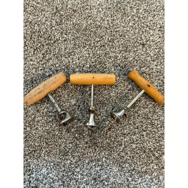 Lot of 3 Vintage Corkscrews – Wooden Handle Wine Openers – Rustic Barware