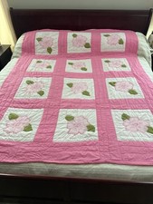 Vintage Hand Quilted and Hand Embroidered Quilt 82 x 65 Roses Pink Wht Appliqu 