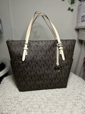 Michael Kors Logo Zip Tote Bag Brown Beige Leather Straps Gold Hardware Charm