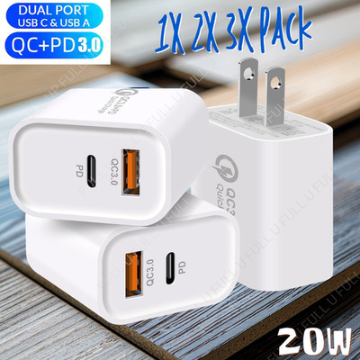 1/2/3X 20W Dual Port USB C Charger Plug Fast Charge Block+USB A Brick for iPhone
