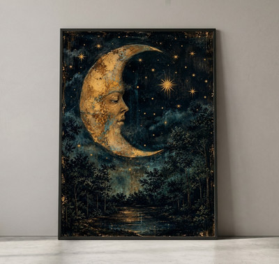 Dark Academia Mystic Forest Poster Starry Night Gold Moon Magic Art Print