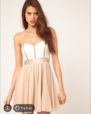 ASOS Strapless Sweetheart Lace A-Line Lined Short Dress Beige/White 2