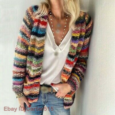 Women's Rainbow Striped Sweater Knit Cardigan Thin Jacket