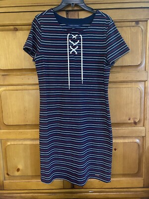 Tommy Hilfiger short sleeved Navy striped knit dress Size Medium | eBay