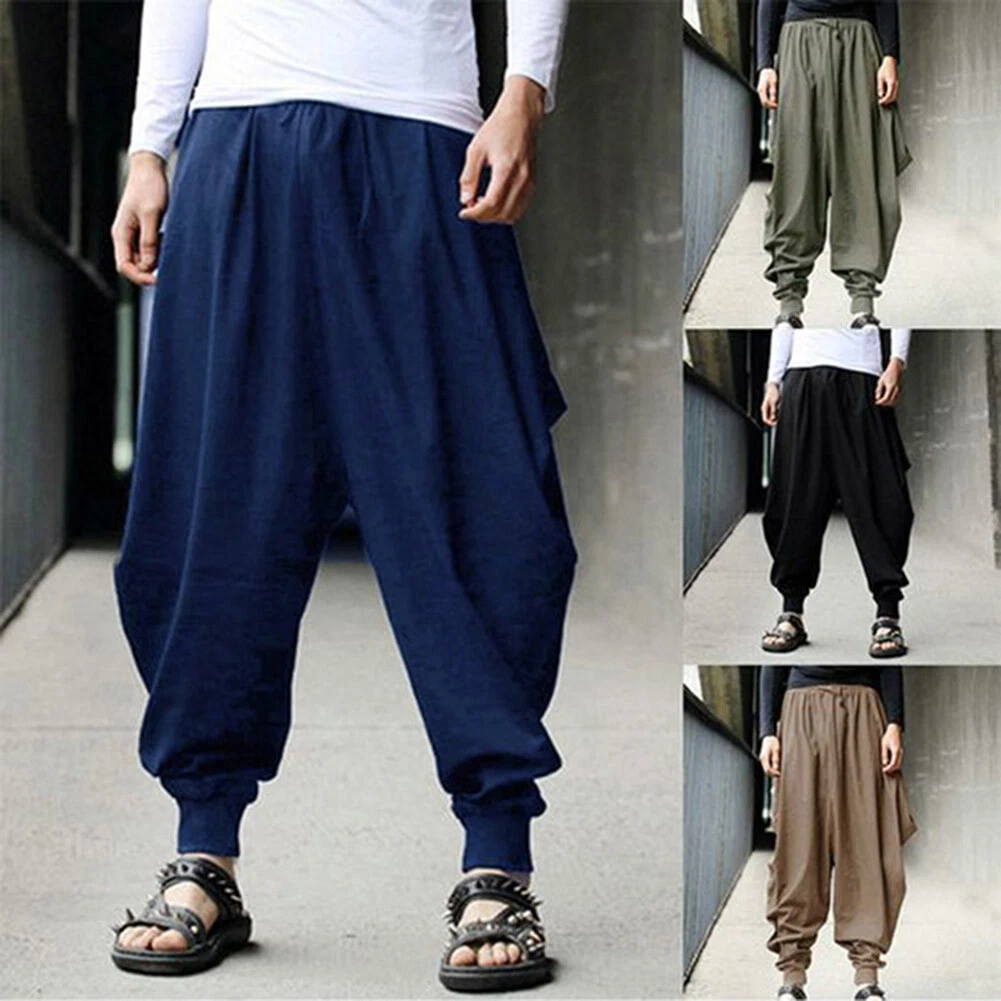 Mens Chinese Style Loose Harem Pants Casual Yoga Kung Fu Wide Leg