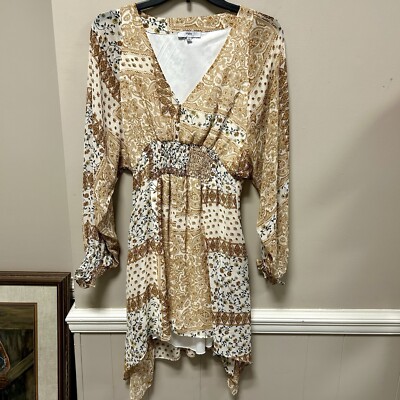 Fate Sz S Beige & Brown Babydoll Dress Empire Waist BOHO Handkerchief Hem  EUC | eBay