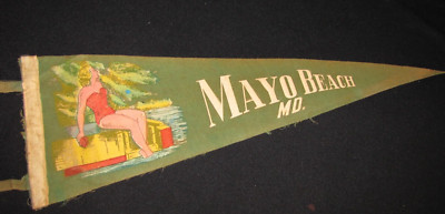 Mayo Beach, Maryland, vintage rare 1940s souvenir pennant~26''x 8''