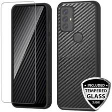 For Motorola Moto G Play 2023 Phone Case Carbon Fiber TPU Armor +Tempered Glass