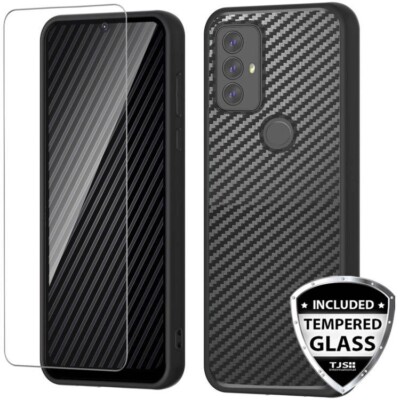 For Motorola Moto G Play 2023 Phone Case Carbon Fiber TPU Armor +Tempered Glass