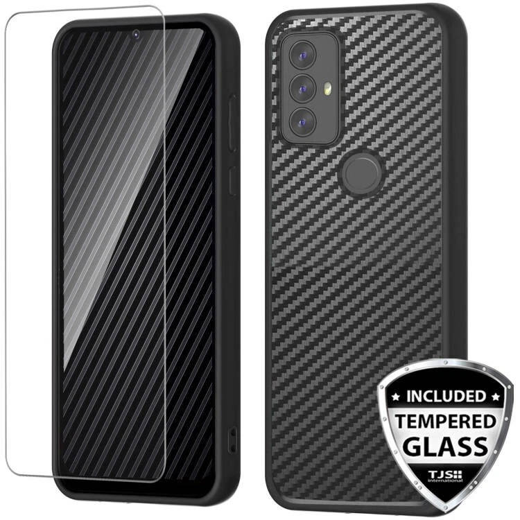 TJS For Motorola Moto G Play 2023 Phone Case Carbon Fiber TPU Armor +Tempered Glass