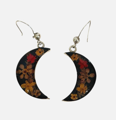 Sterling Silver Dangle Earrings Dried Flowers Crescent Moon Mexico Boho Hippie
