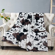 HST Cow Print Faux Fur Throw Blanket Soft - Reversible Farmhouse Decor Cozy Gift