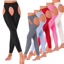 Women High Waist Gym Leggings Hollow Out Crotchless Workout Yoga Skinny Pants