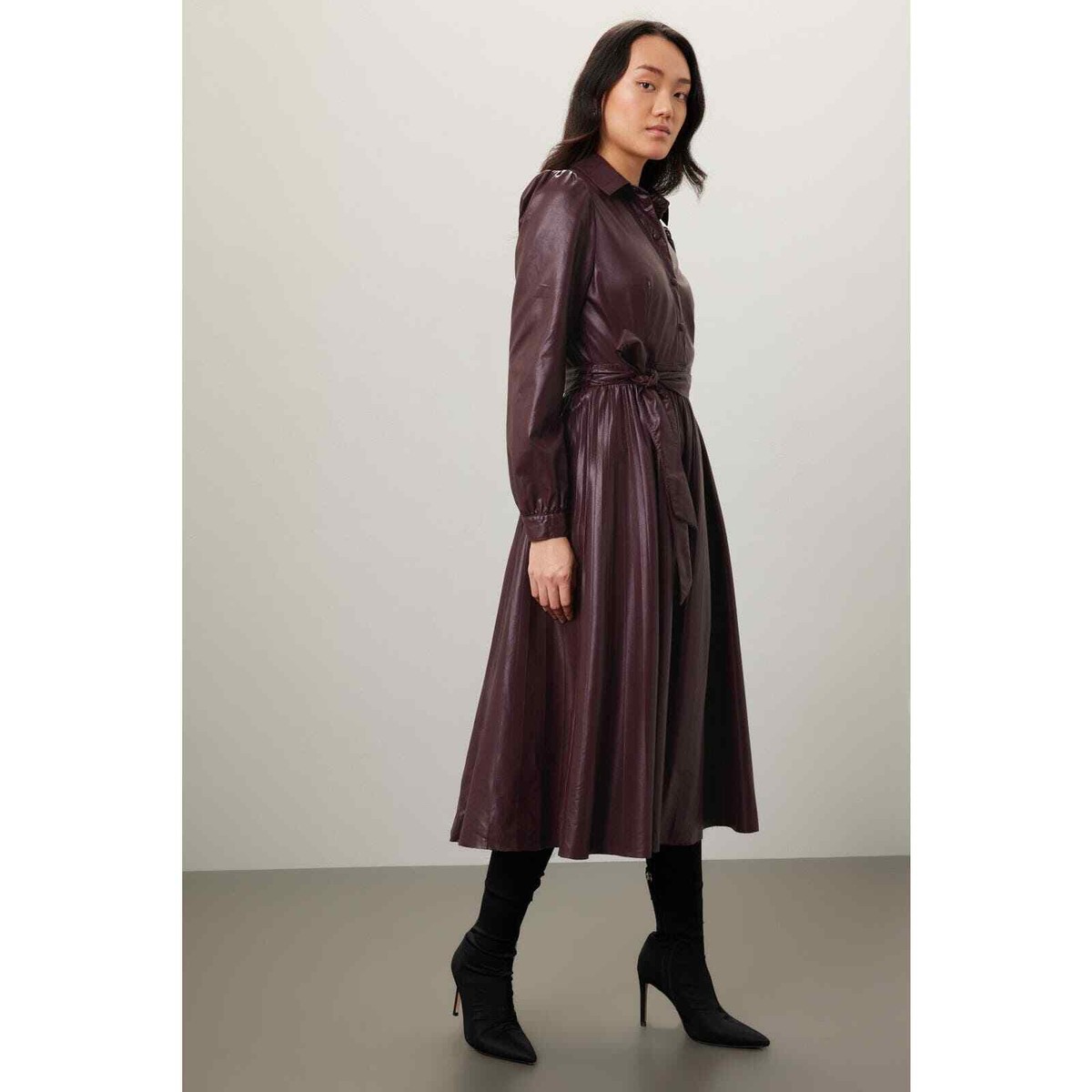 Peter Som Pleated Faux Leather Brown Long Sleeve Midi Shirt Dress