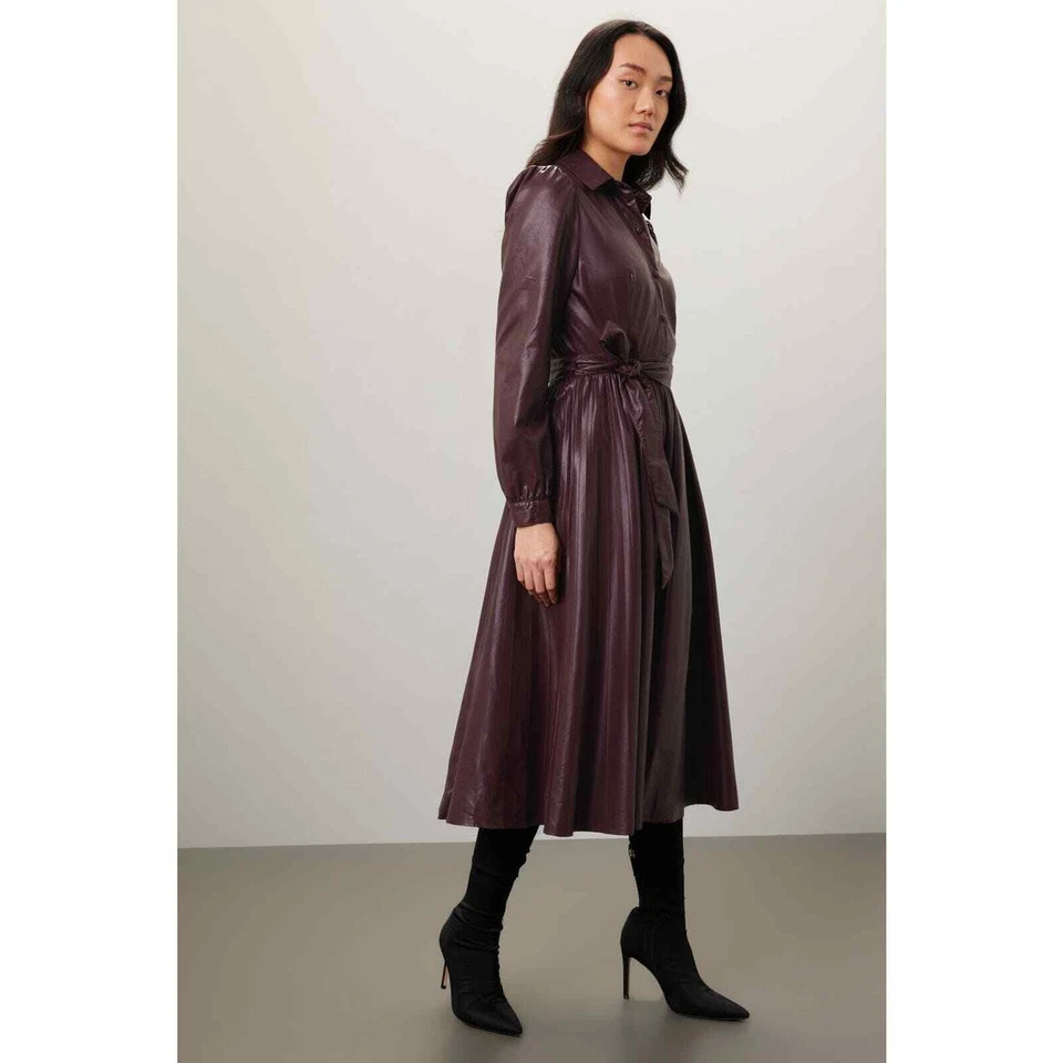 Vestido Camisa Peter Som Plisada Imitación Cuero Marrón Manga Larga Midi Talla 4 Foto 2 de 4