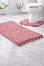 2PC Chenille Bath Mat Set Non Slip Soft Absorbent Bathroom Rugs Pedestal Toilet
