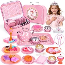 Tea Party Set for Little Girls, Princess Tea Time Toy for Toddler, Tin Tea Set