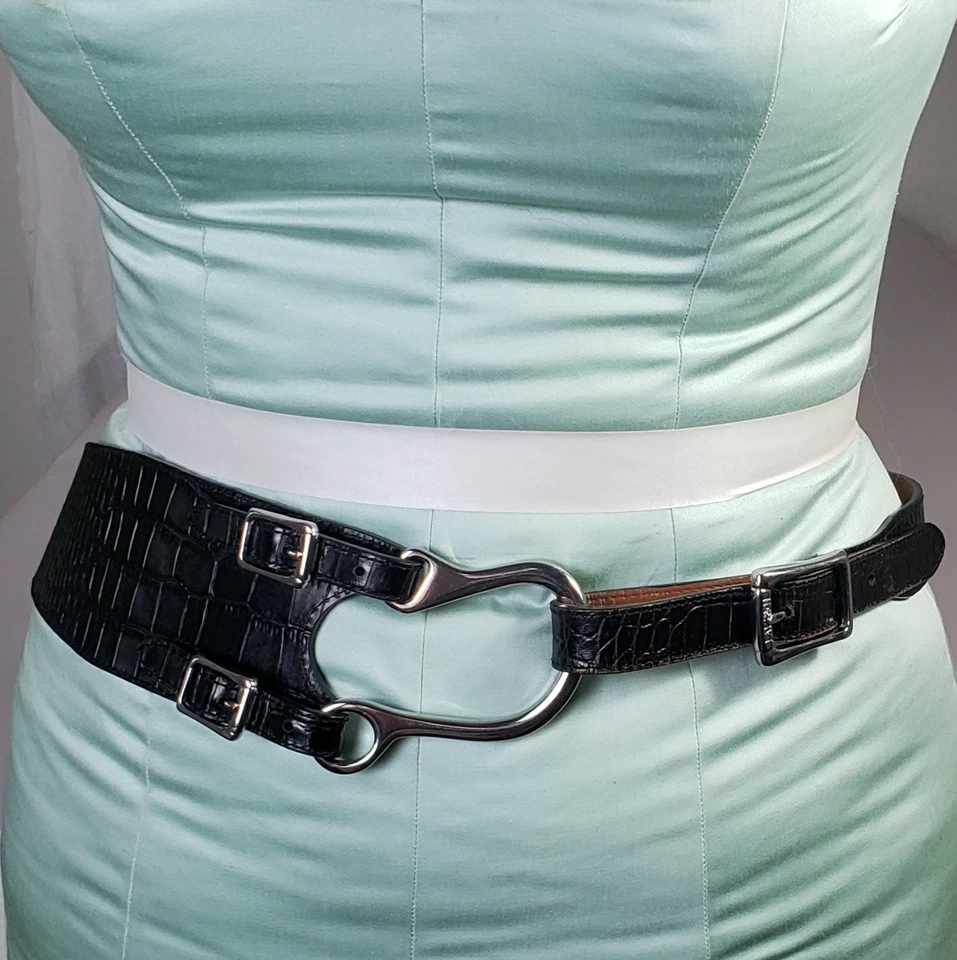 Cinturón Lauren Ralph Lauren Negro Ws Estribo Ecuestre Cuero de Cocodrilo Repujado 36"-38" Foto 2 de 4