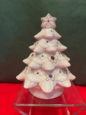 White Christmas Tree Candle Holder-Red & Green Stones-7.5"-VG