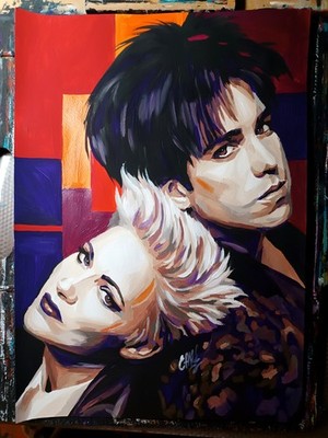 painting of Marie Fredriksson and Per Gessle, Roxette, paper, acrylic, handmade