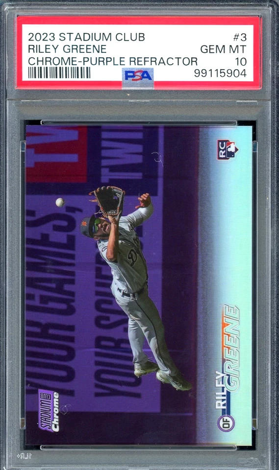 Riley Greene 2023 Stadium Club Chrome Purple Refractor RC /75 #3 PSA 10 POP 2 - Image 2 of 3