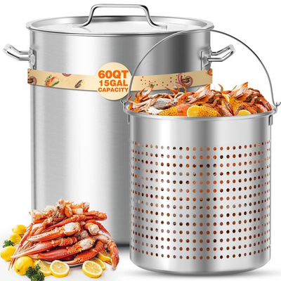#ad PYY Seafood Boil Pot Turkey Fryer Basket Lid 60qt Stainless Steel Silver $98.99