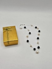 Tin cup Sterling Silver station freshwater Pearl onyx necklace 925 20"
