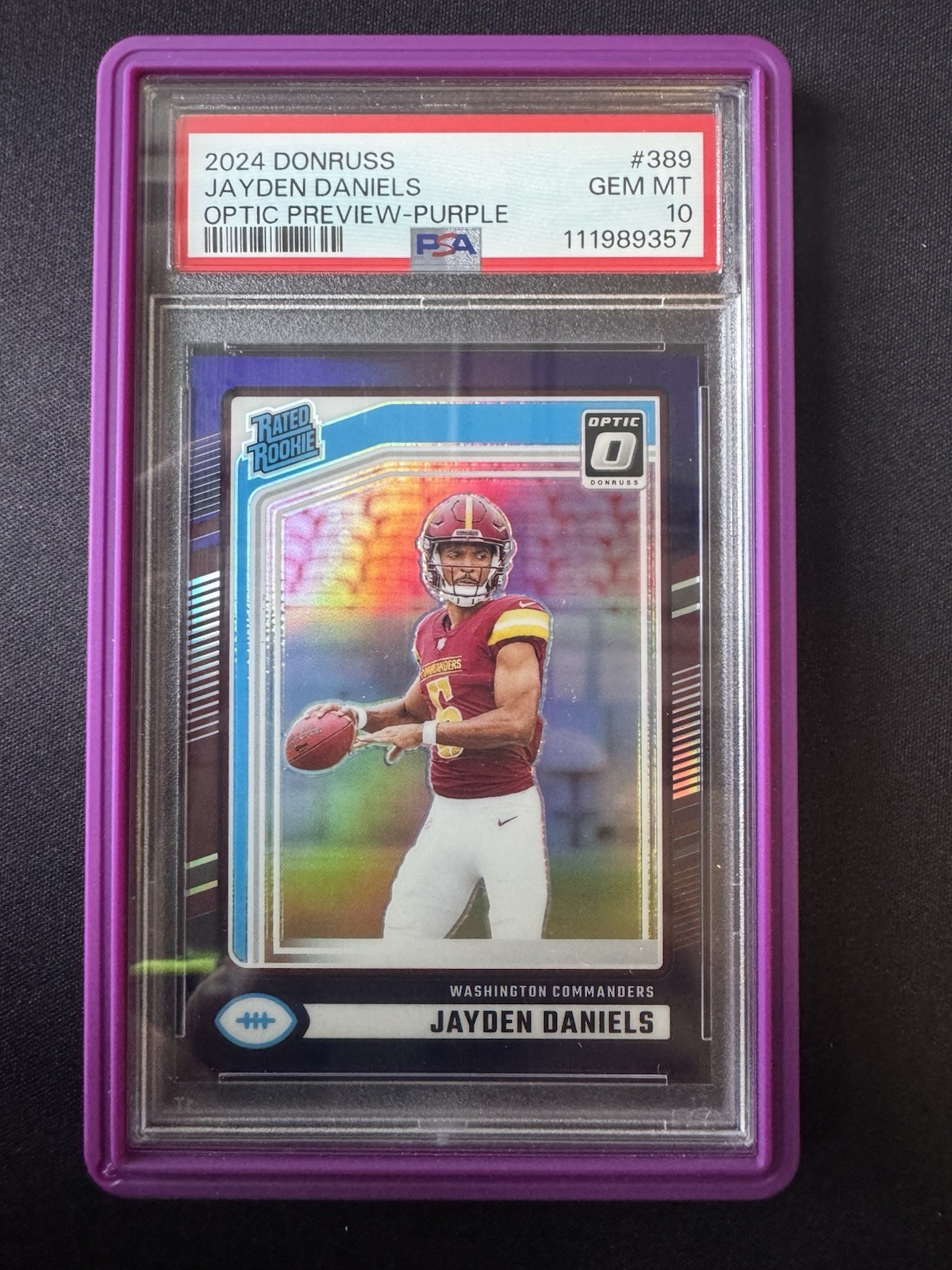 2024 Panini Donruss - Jayden Daniels #389 Optic Preview Purple Prizm /50 PSA 10