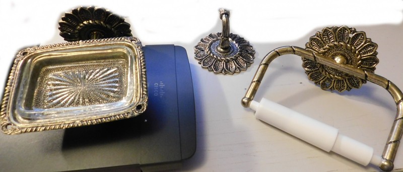 New USA 3 Pc. Bathroom MetaL Fixture Soap Dish, Robe Hook, & Toilet Paper Holder