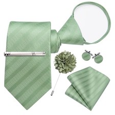 Mens Silk Zipper Tie Adjustable Pre-tied Solid Plaid Necktie Pocket Sage Green