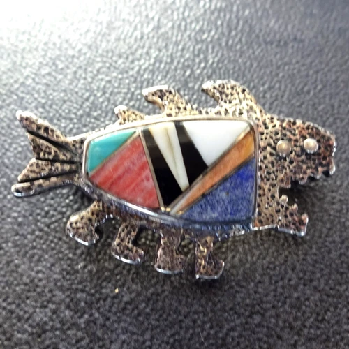 ROCK KRITTERS Sterling Silver FISH SHARK PIN Inlaid Turquoise Lapis Jet Shell
